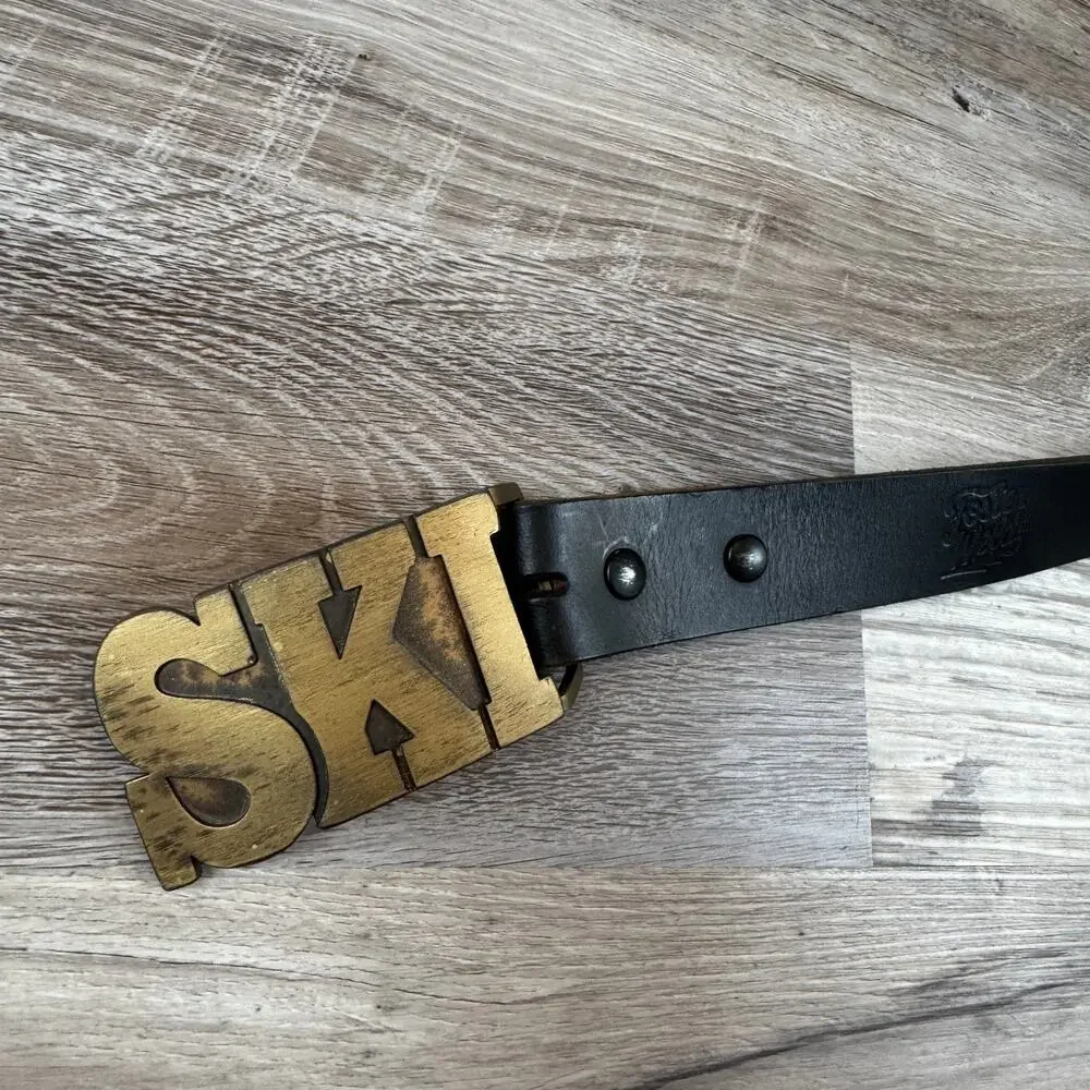 Foster Weld SKI Black Leather Belt Brass Buckle Handmade USA XL Biker Utility